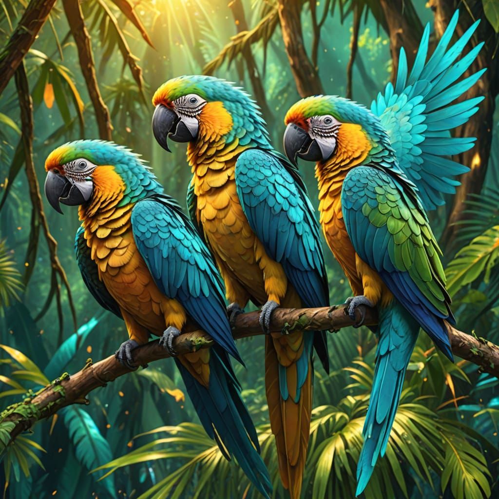 Turquoise Fantasy Parrots in Vibrant Digital Art