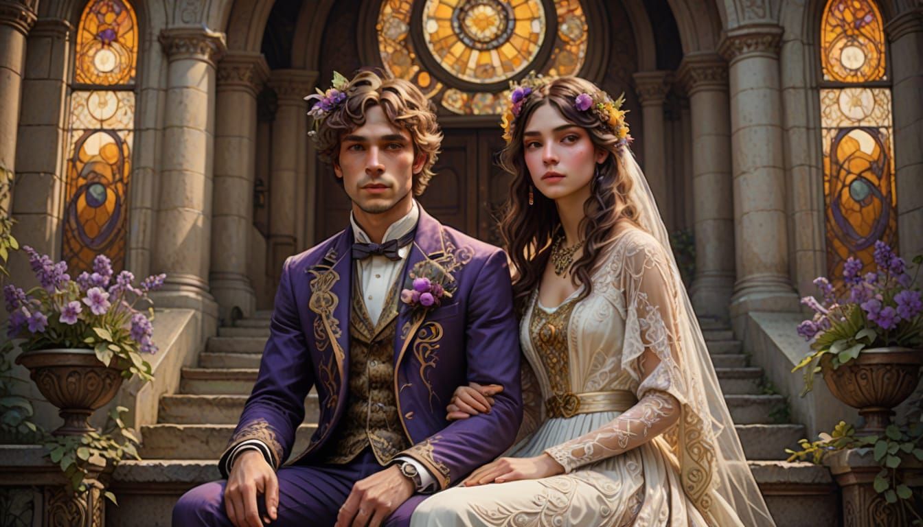 Kids in Bridal Clothes on Church Steps, Art Nouveau Style