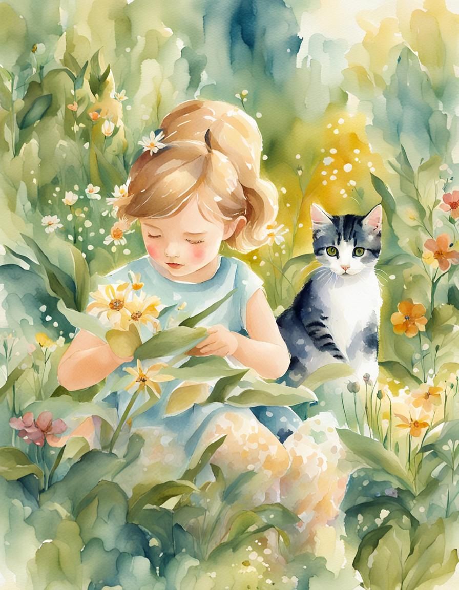 Girl and Kitten in Garden, Watercolor Fantasy Art