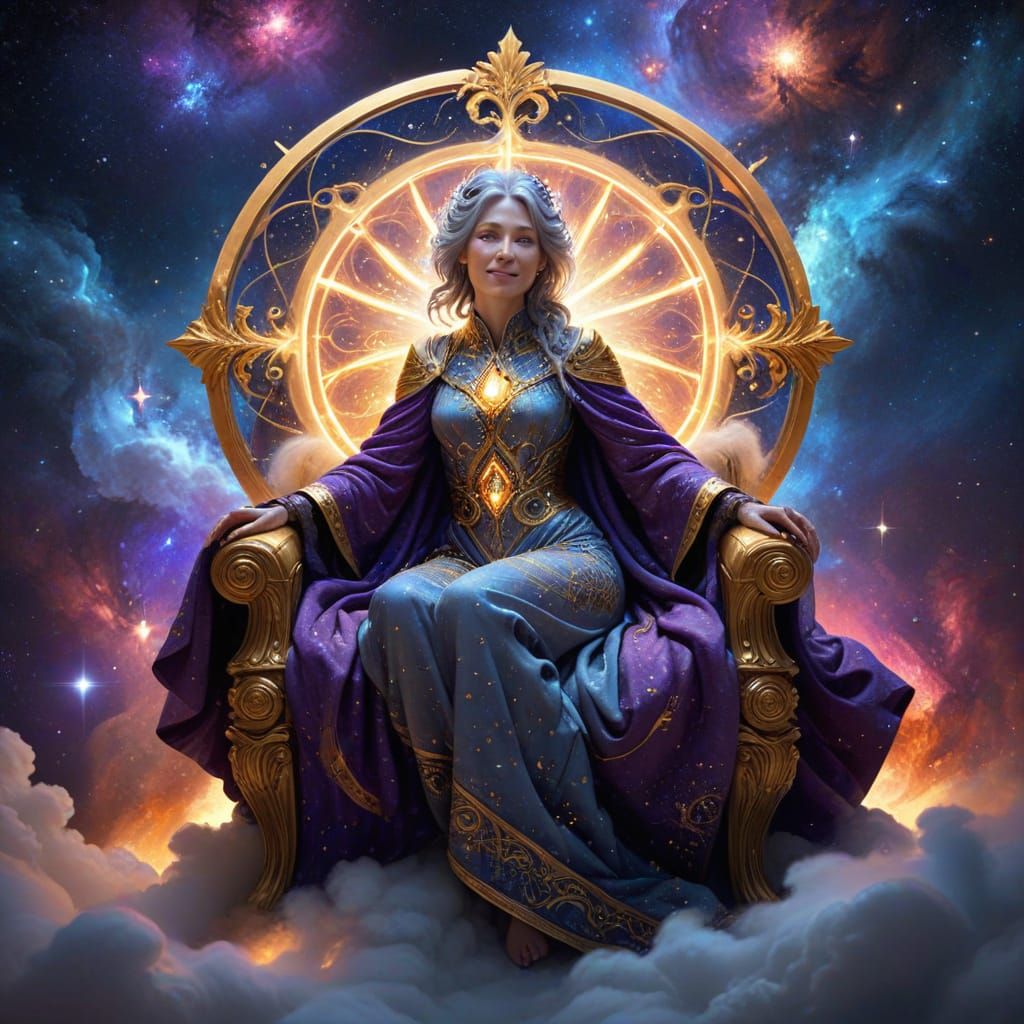Majestic Elder Woman on Golden Throne in Cosmic Setting