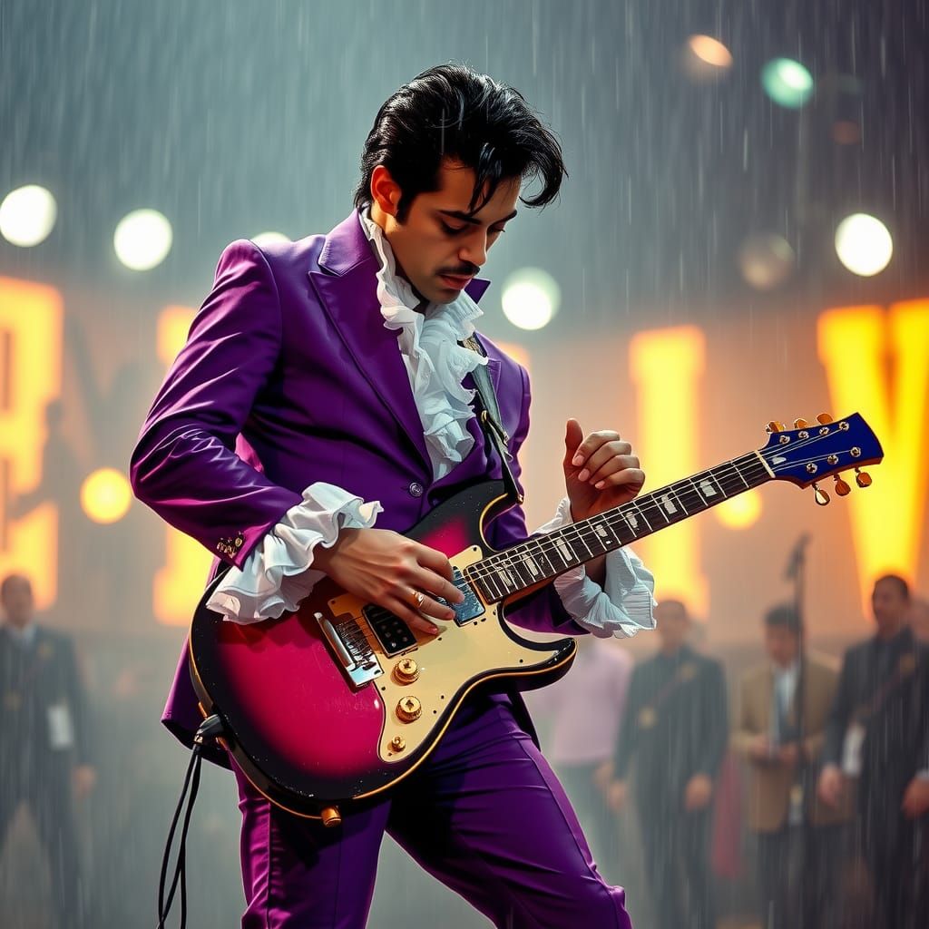 Musician Plays Guitar in Purple Rain: Pop Art Style