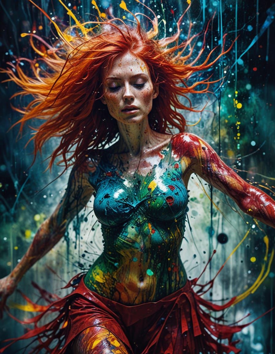 Chaos Embodied: Surreal Red-Haired Figure in Dreamcore Style