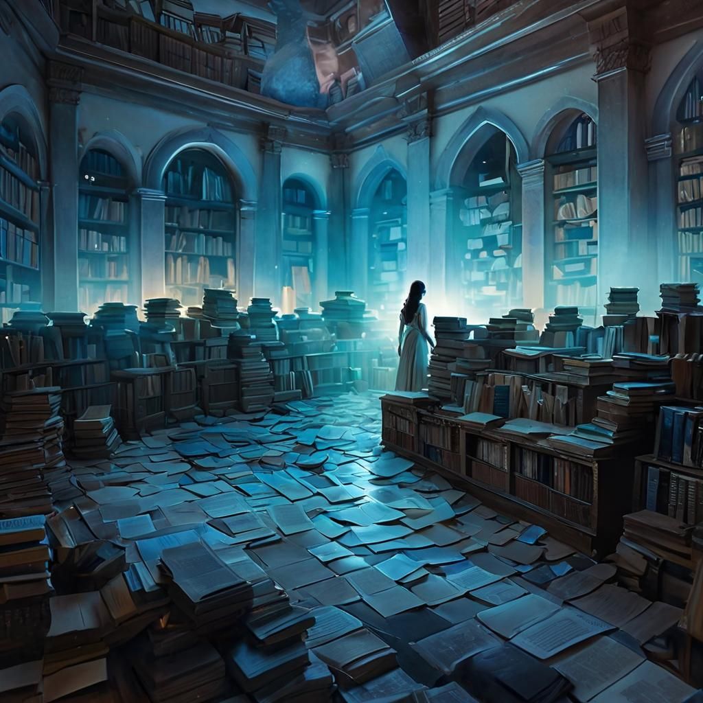 Woman Surrounded by Books in Golden Hour Light