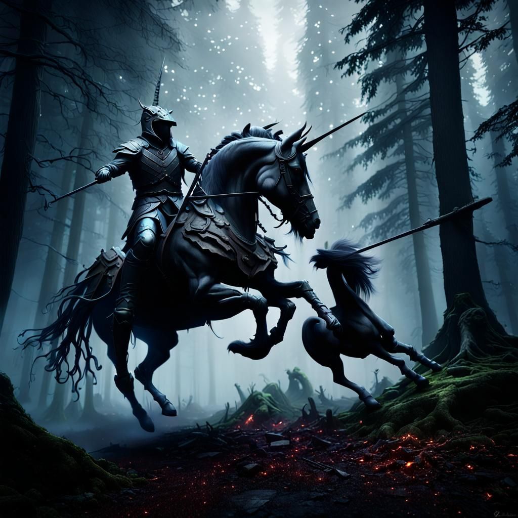 Wraith vs Unicorn in Misty Forest, Hyperrealism