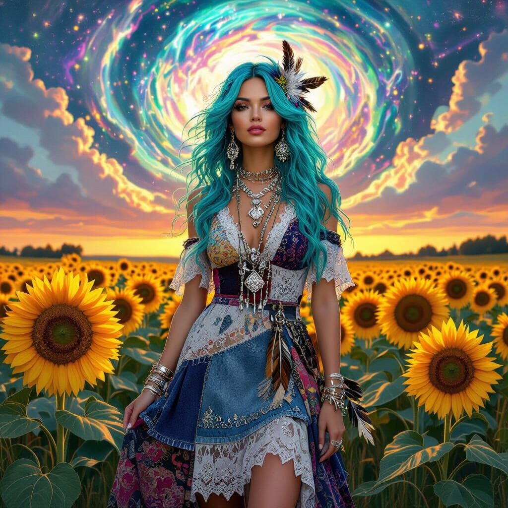 A Boho-Rebel woman with vibrant turquoise hair stands amidst a field of giant, iridescent sunflowers, their faces turned...