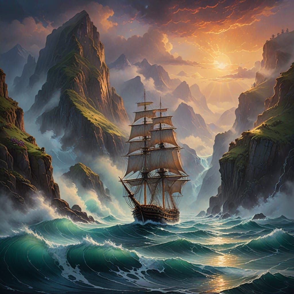 Majestic Sailing Ship in Mystical Straits of Magellan