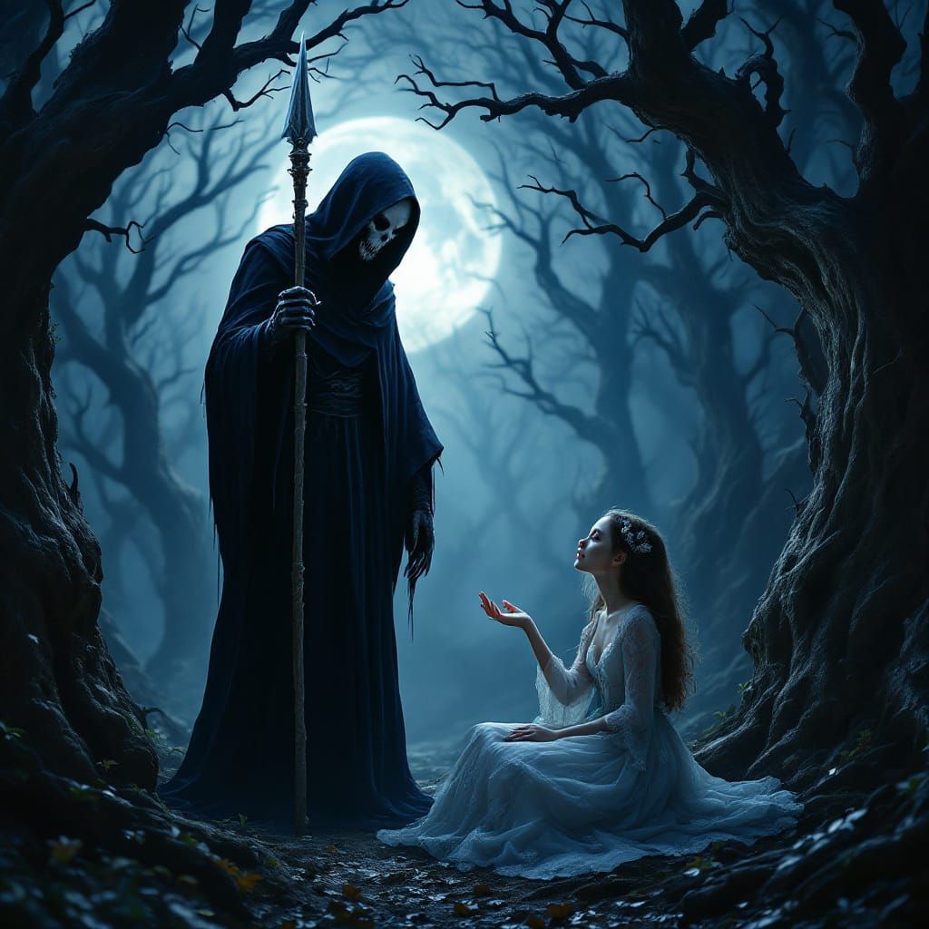 Grim Reaper Meeting Girl in Mystical Forest