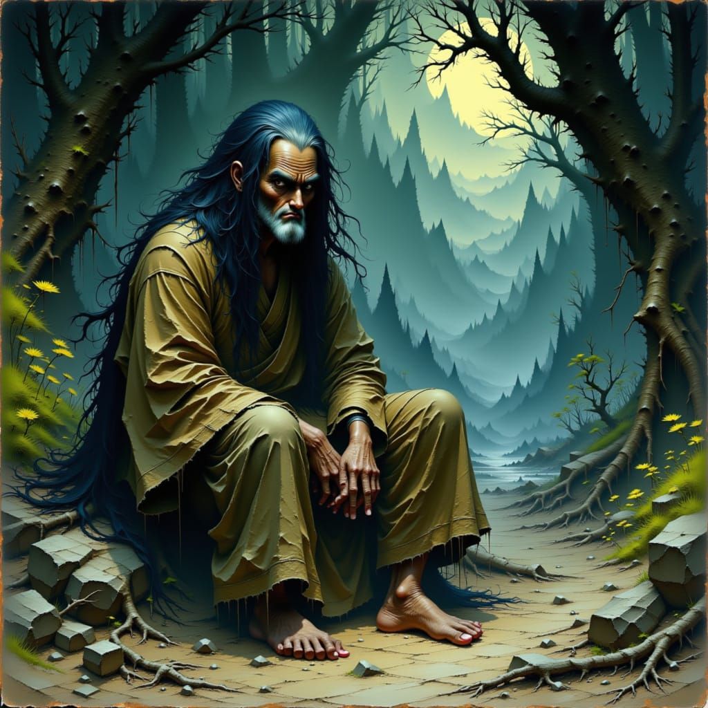 Elderly Yama-uba in Misty Forest, as Ukiyo-e Print