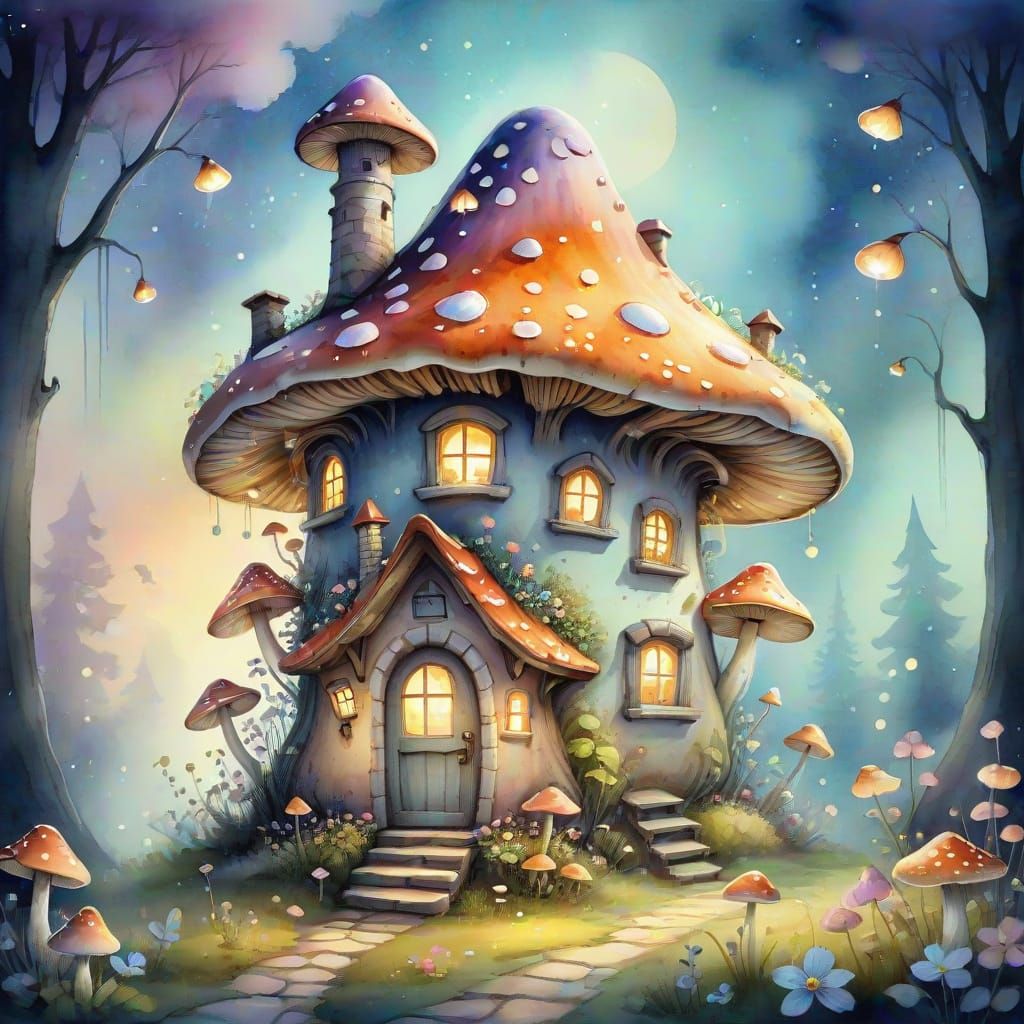 Whimsical Mushroom House in Watercolor Style