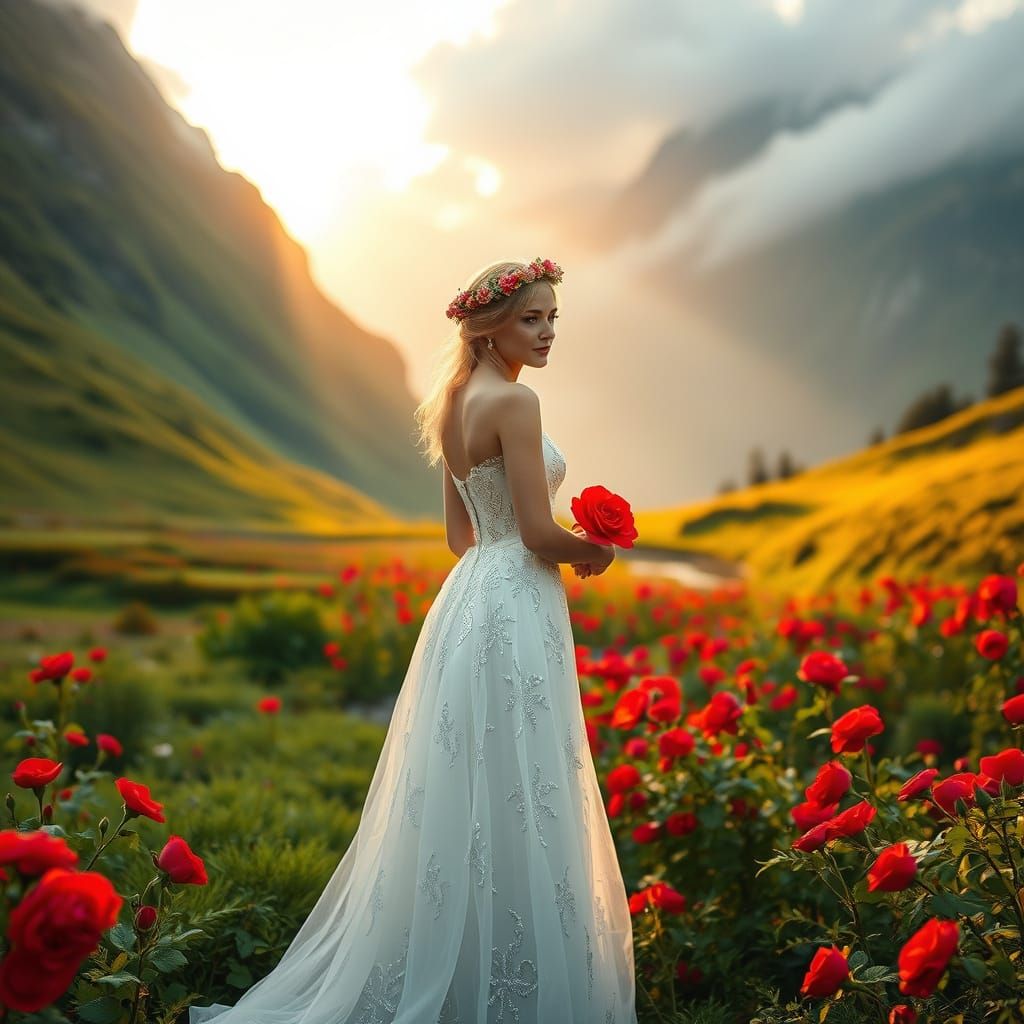 Flowery landscape picture of an elegant and charming and beautiful woman.