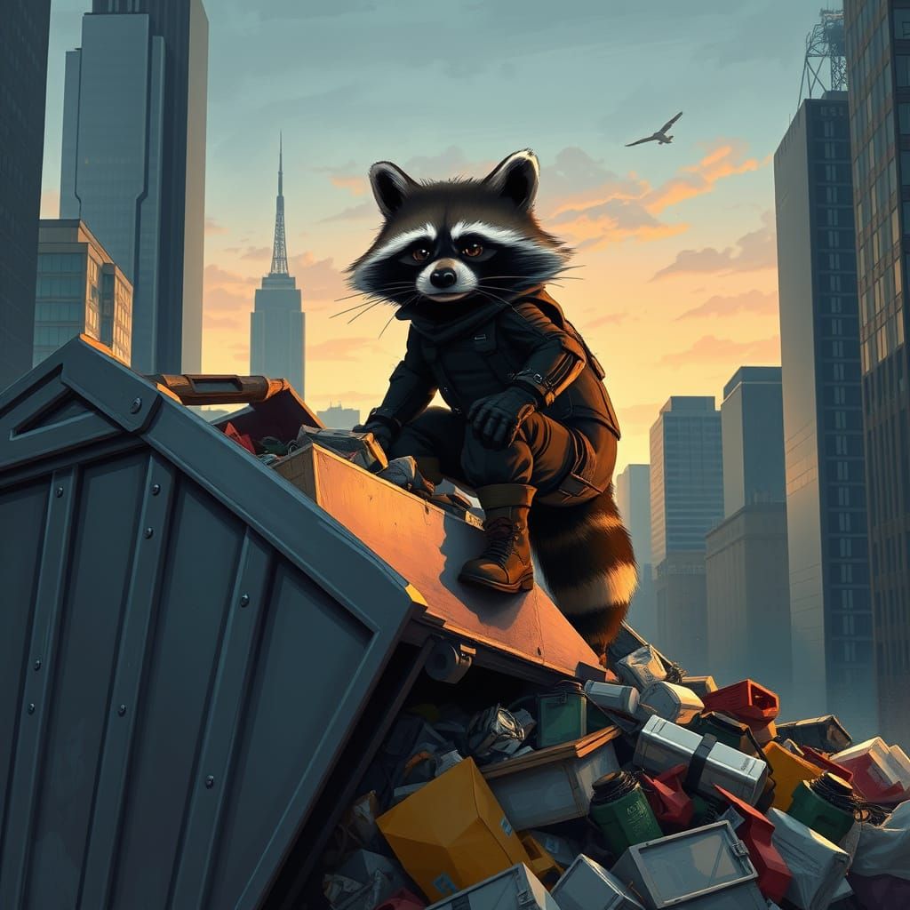 Raccoon Ascends Trash Mountain in Gritty Futurism