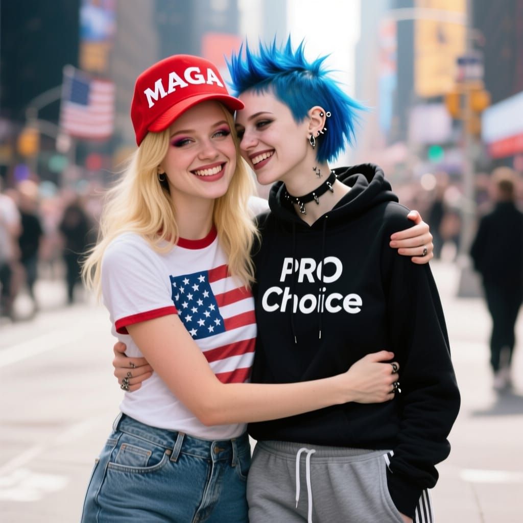 Unlikely Friends Embrace in Patriotic & Protest Attire