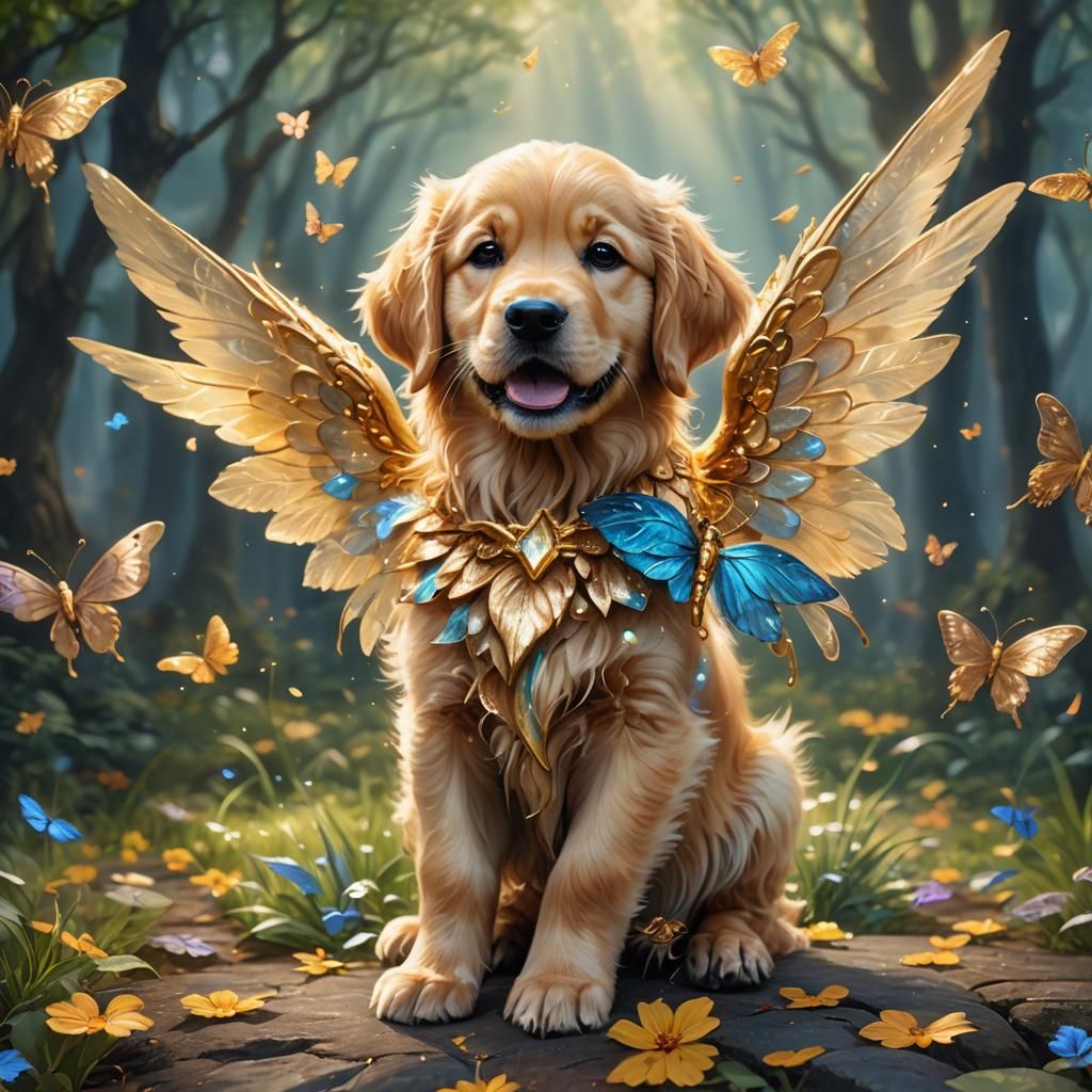 Golden Retriever Pup with Fairy Wings, Oil Painting