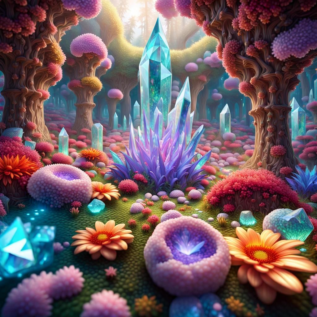 Enchanted Crystal Garden in Psychedelic Holographic Art