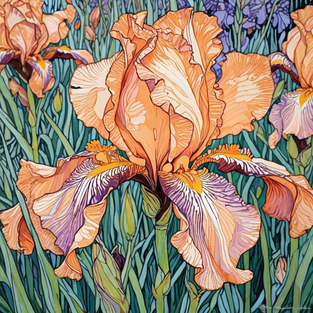 Peach Bearded Iris Close-Up in Vibrant Style