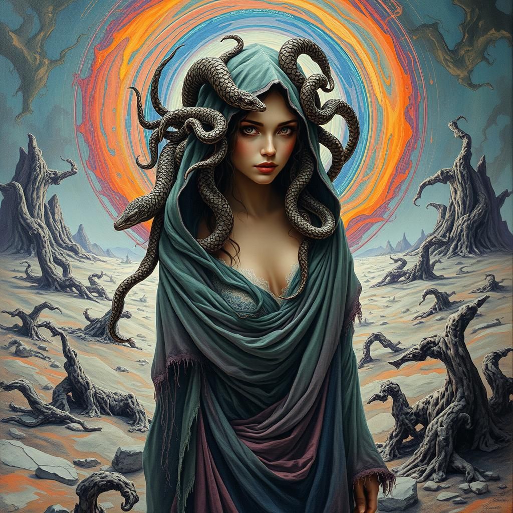 Mystical Medusa Woman in Dreamlike Landscape