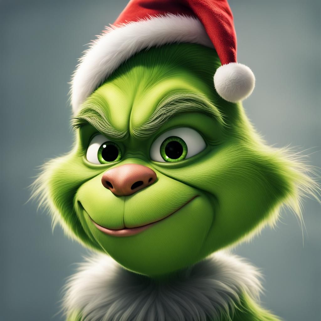 Hyperrealistic Pixar Grinch in Santa Hat Portrait