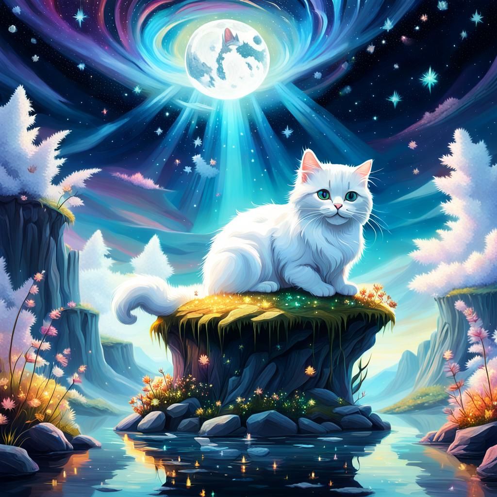 Magical Floating Island with Stargazing Cat