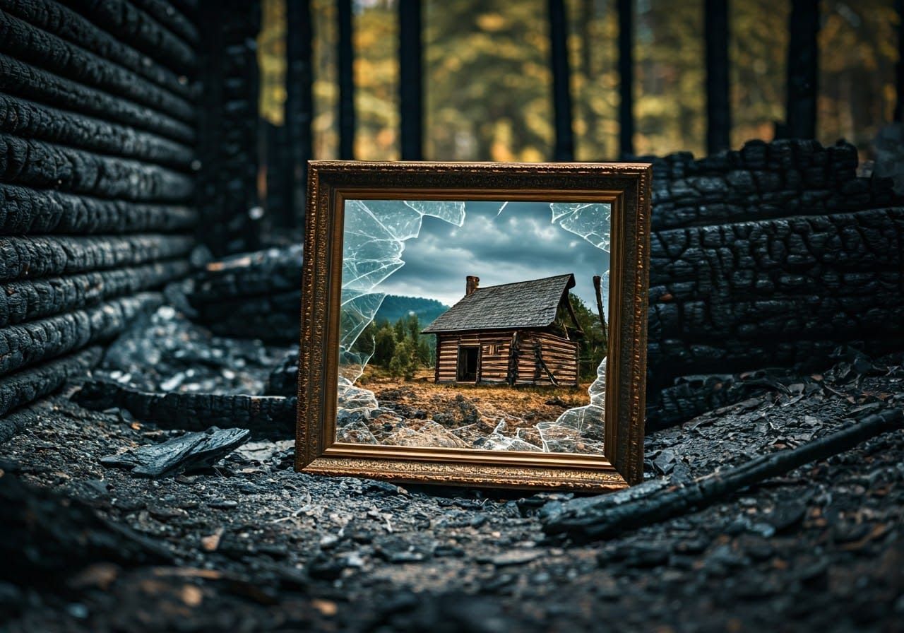 Shattered Frame Reveals Unscathed Log Cabin Landscape