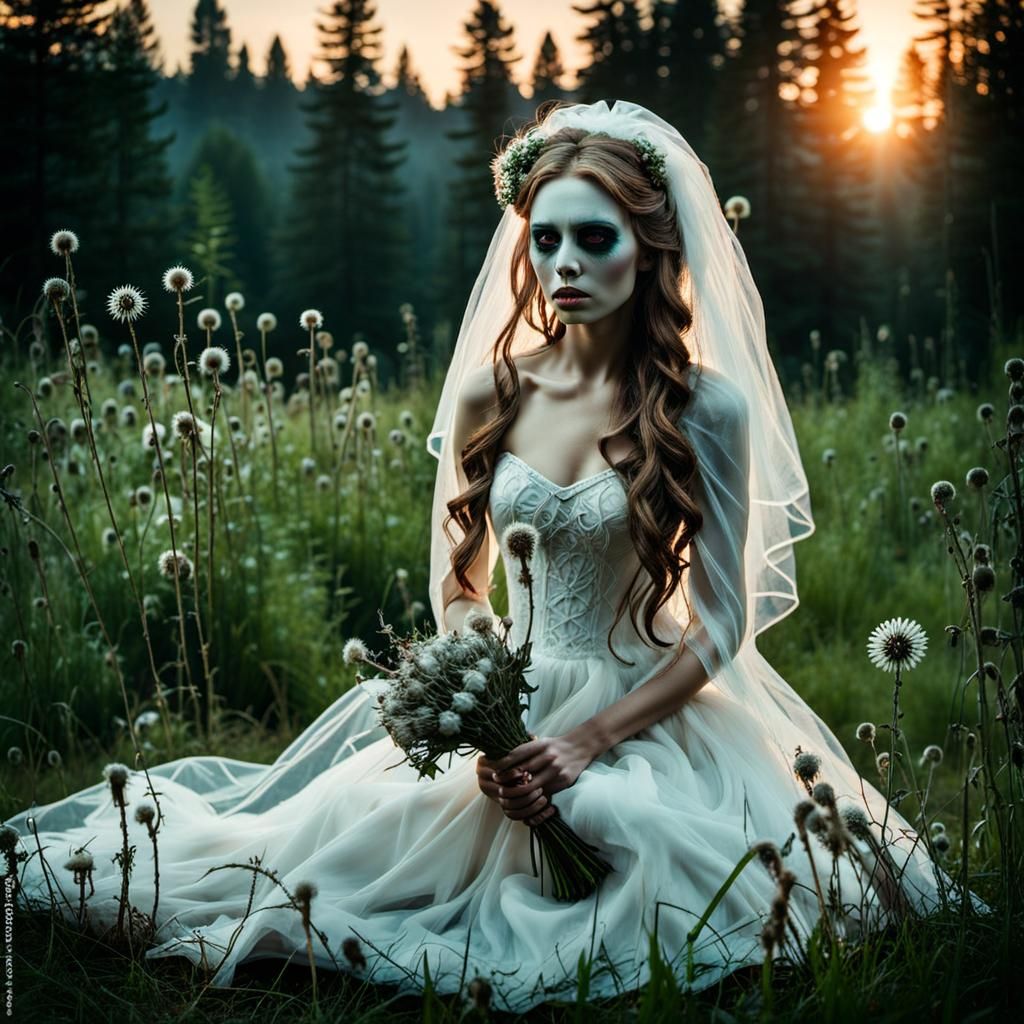 Ethereal Ghost Bride in Dark Forest at Sunset
