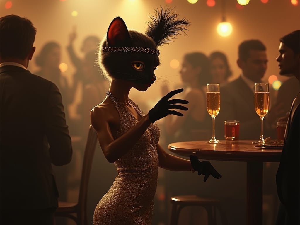 Flapper Cat Dances Charleston in Art Deco Speakeasy