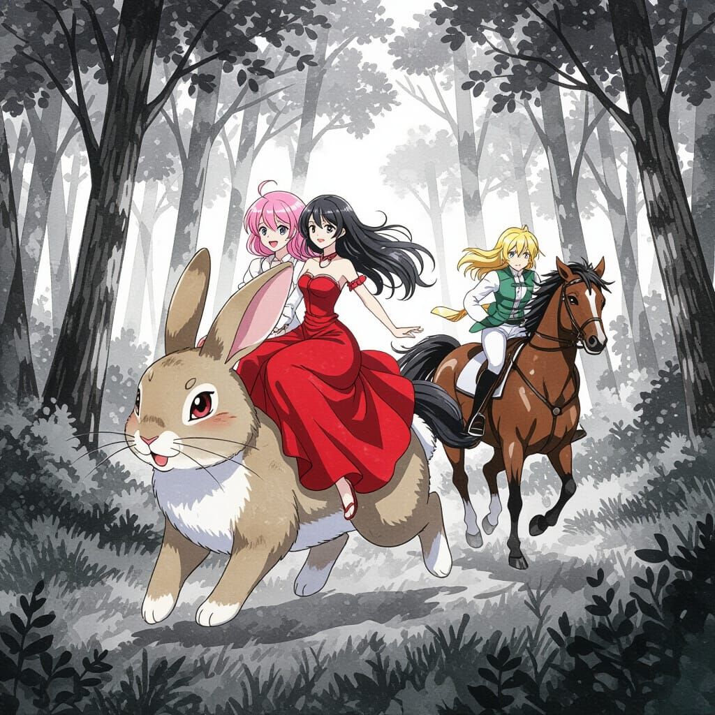 Women Riding Rabbit Race Against Horse in Watercolor Style