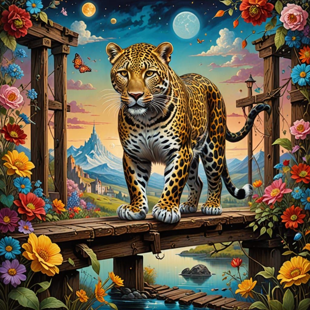Leopard on Railroad Bridge with Flower Garland in Surreal St...