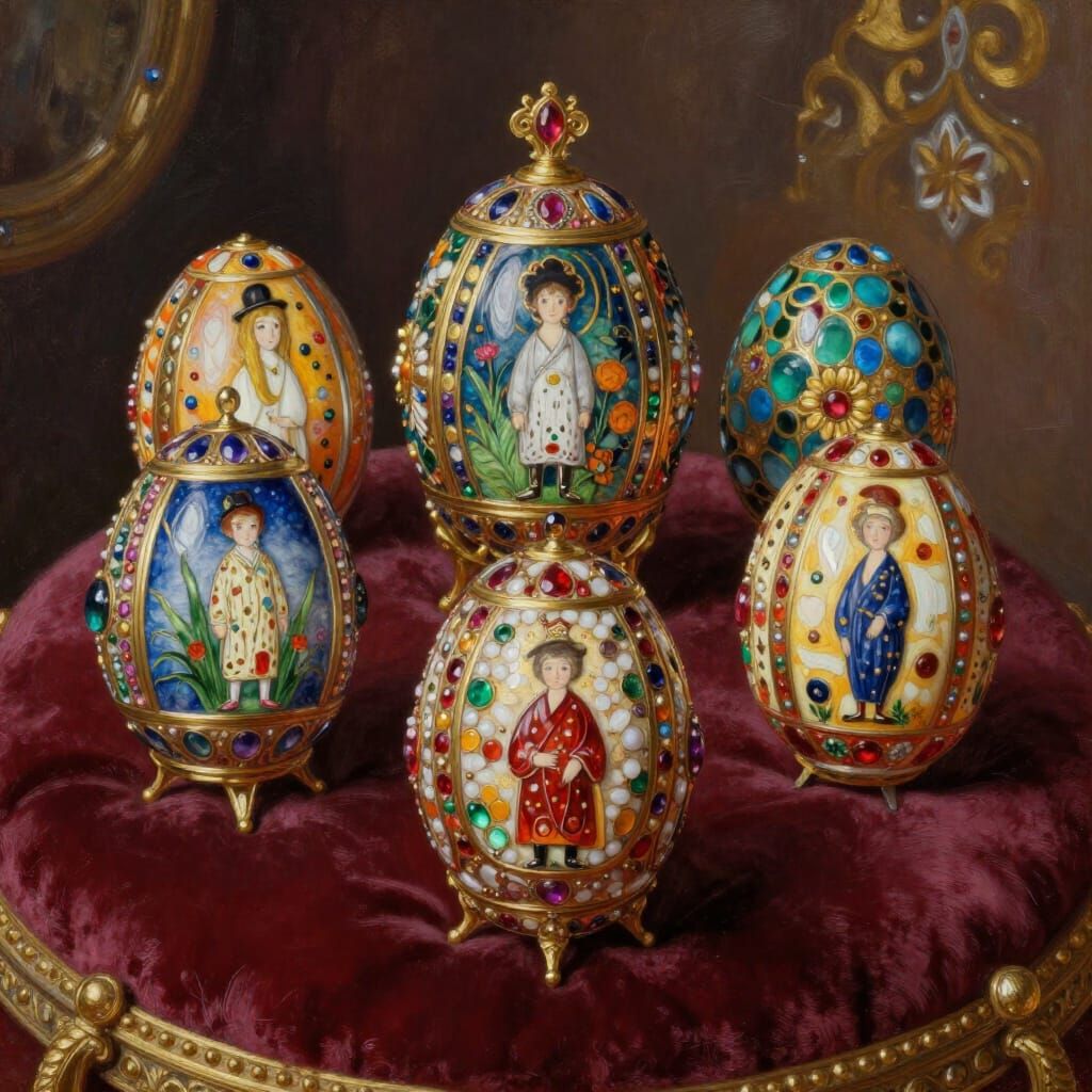Opulent Russian Fabergé Eggs on Velvet Cushion