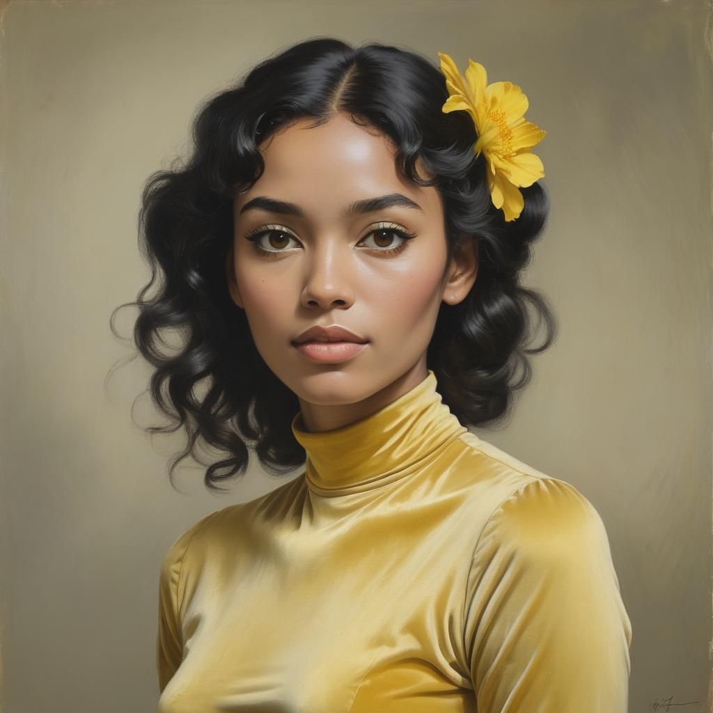 Portrait of Woman in Yellow Velvet Dress, Oil Painting