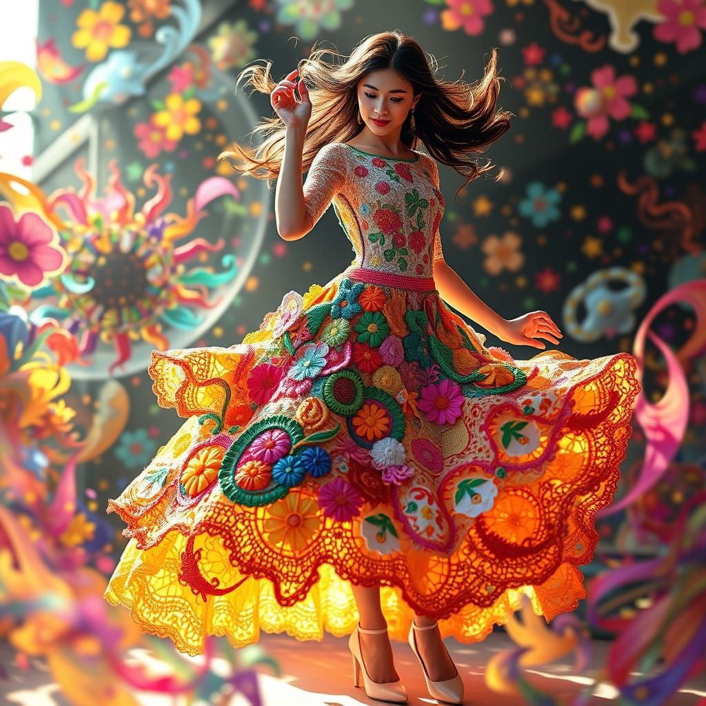 Woman in Whimsical Embroidered Lace Dress Dancing in a Kalei...