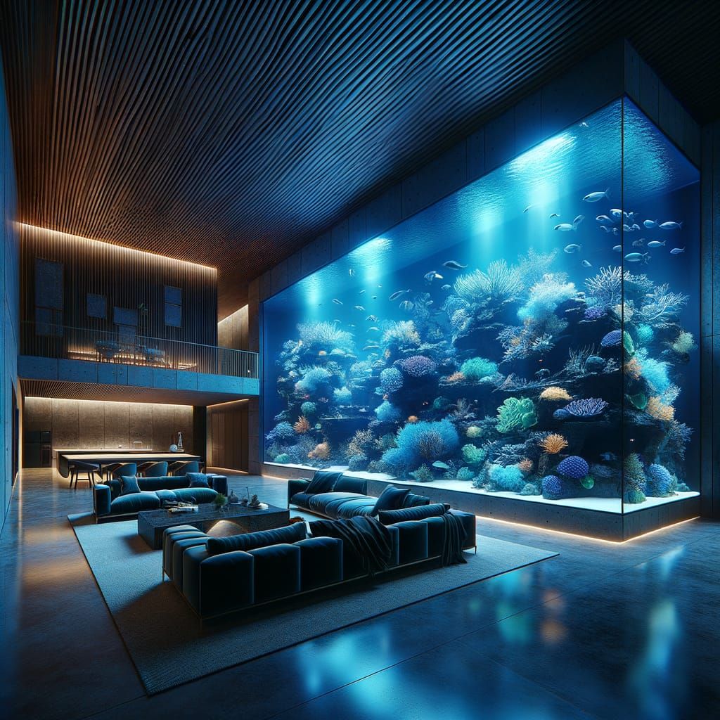Luxury Residence Interior at Night with Reef Aquarium