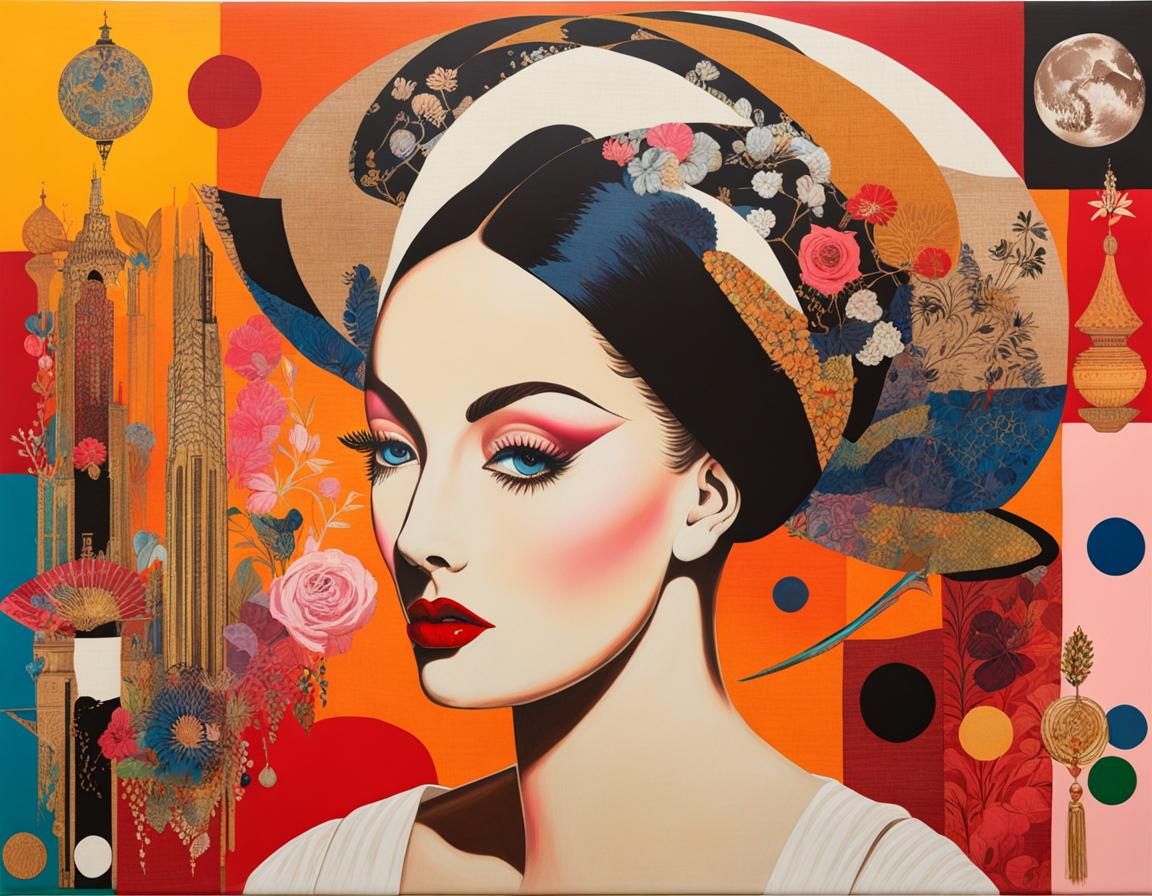 Mixed Media Woman in Surreal Maximalist Style