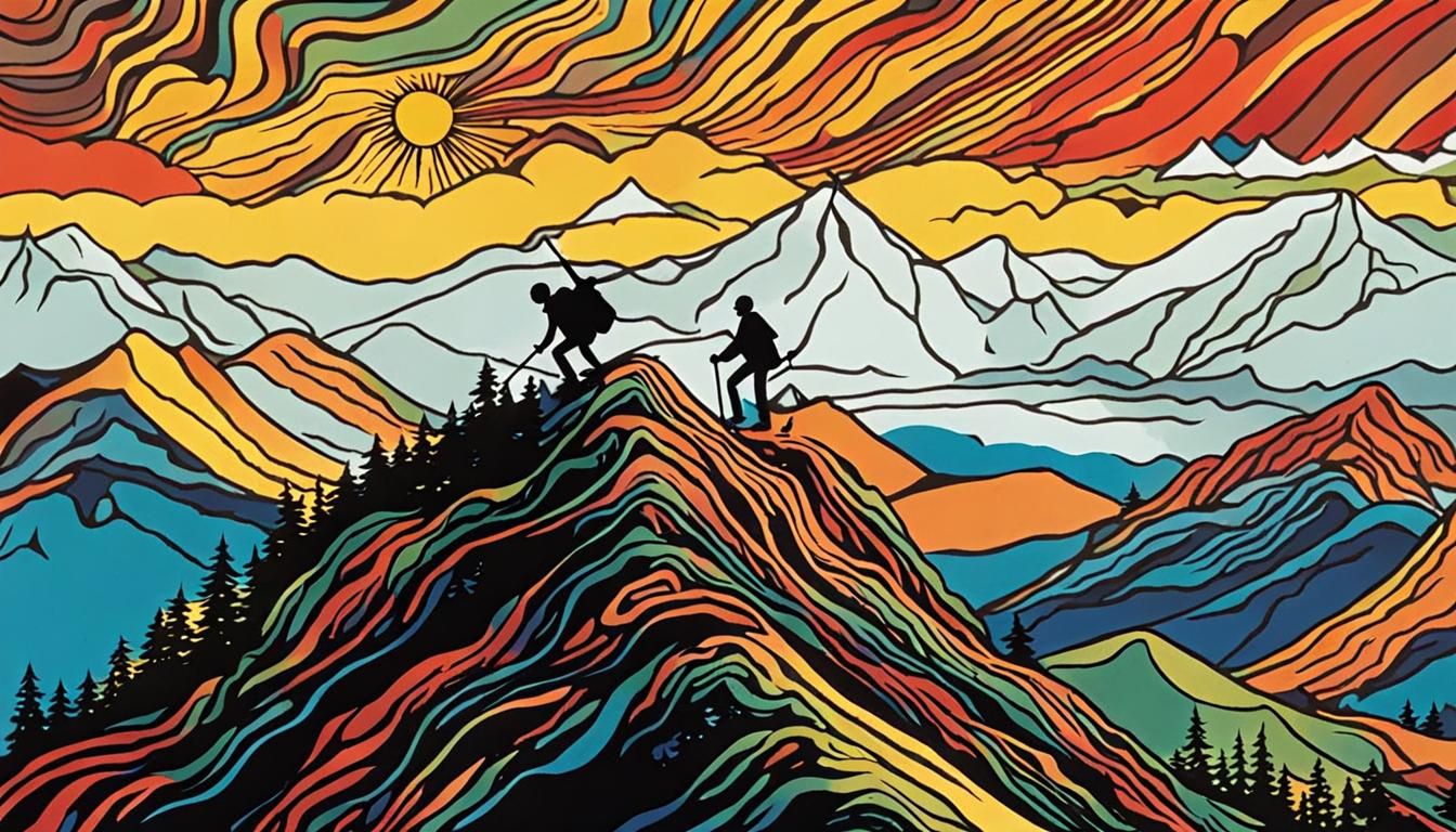 Whimsical Asemic Poster: Stick Figure Mountain Ascent