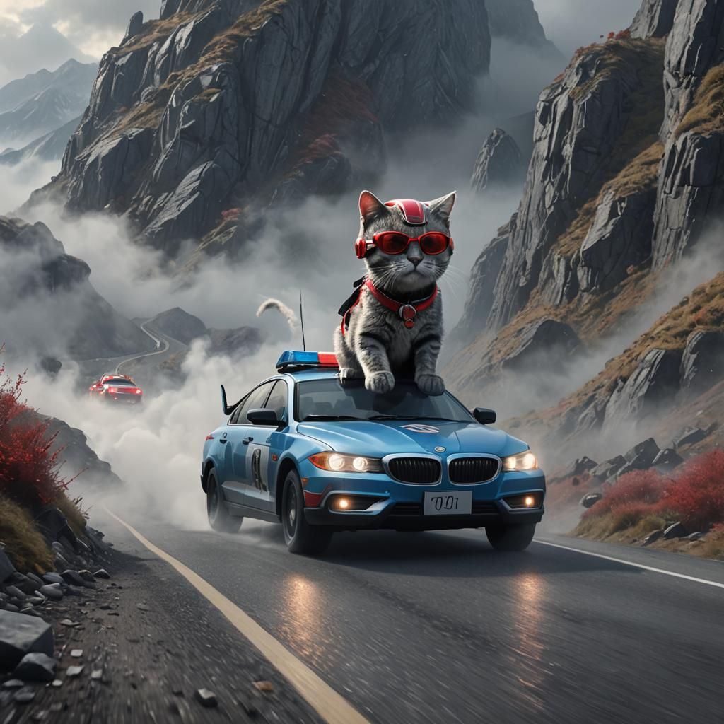Tabby Cat in Car Being Chased: Fantasy Concept Art