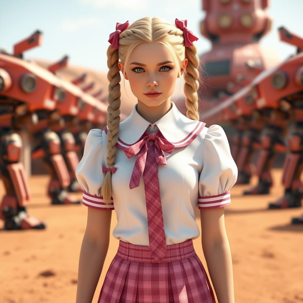 Modern Schoolgirl in Futuristic Martian Landscape