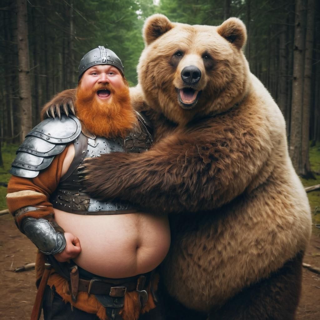 Surprised Bear and Viking Hugging in Forest