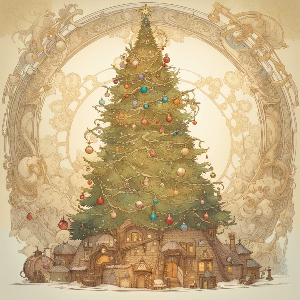Ghibli Christmas Tree in Mucha Style