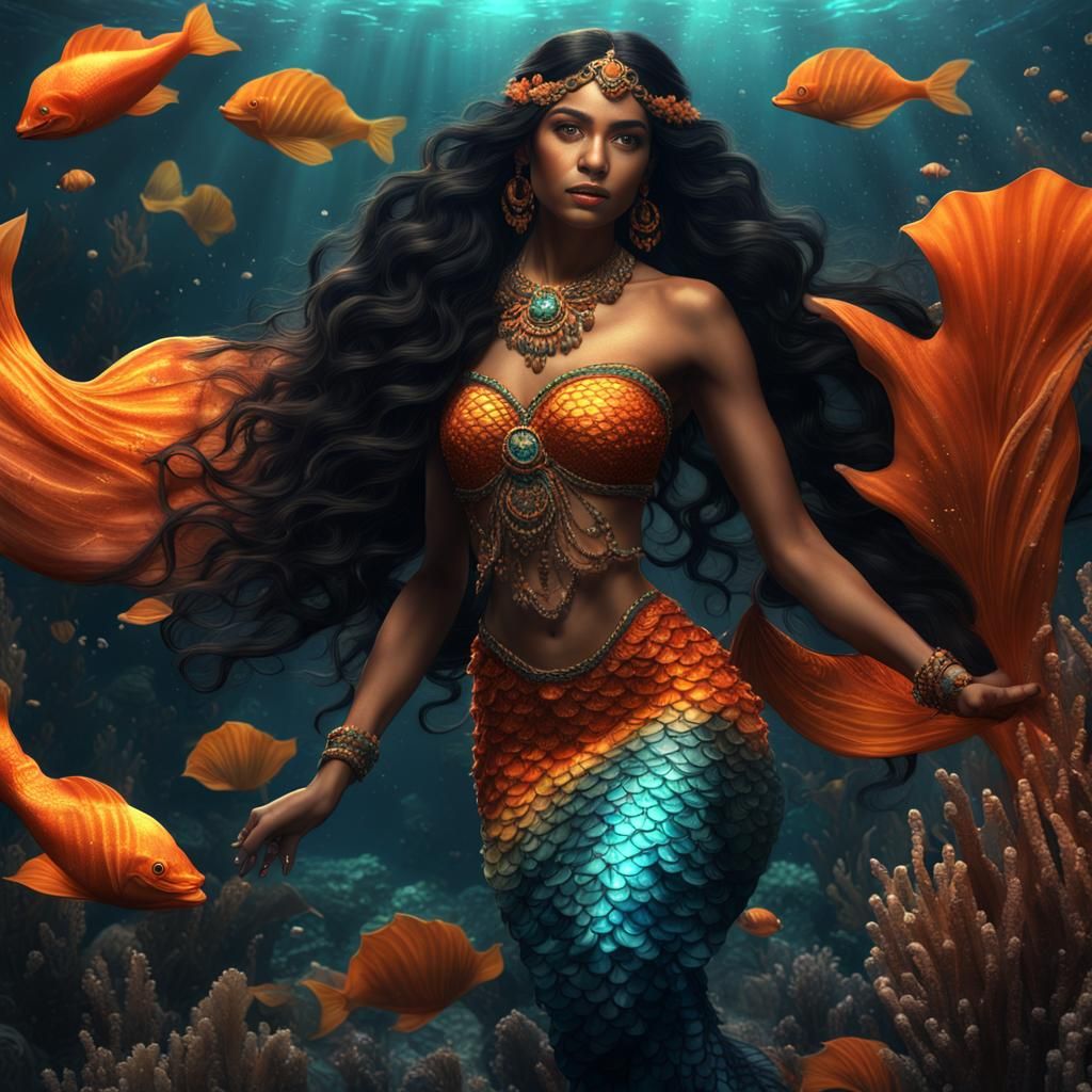 Hyperrealistic Mexican Mermaid with Orange Tail
