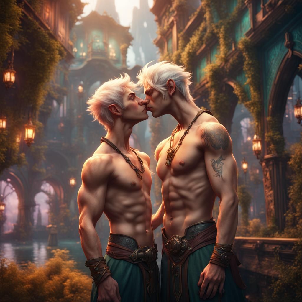 Elves Kissing in Colorful Fantasy City