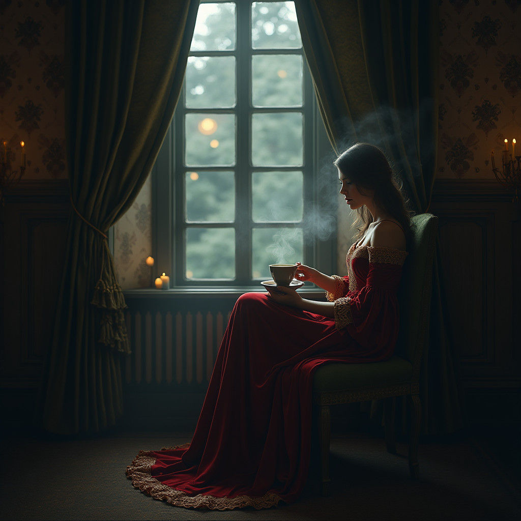 Mystical Woman Sipping Coffee in Ornate Room
