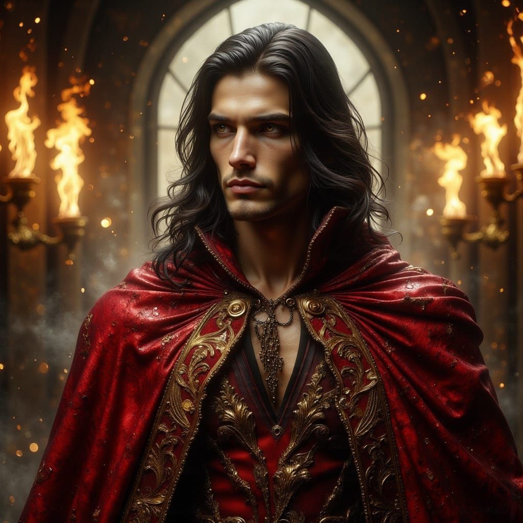 Handsome Man with Violet Eyes in Medieval Chamber