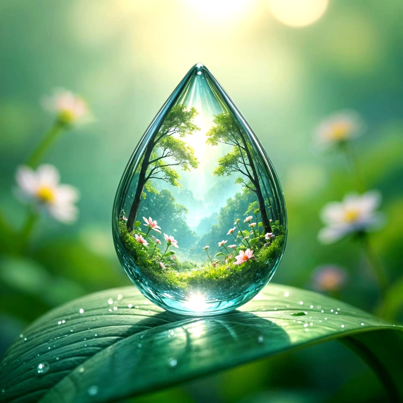 Crystal Water Droplet Reflecting a Miniature Forest World