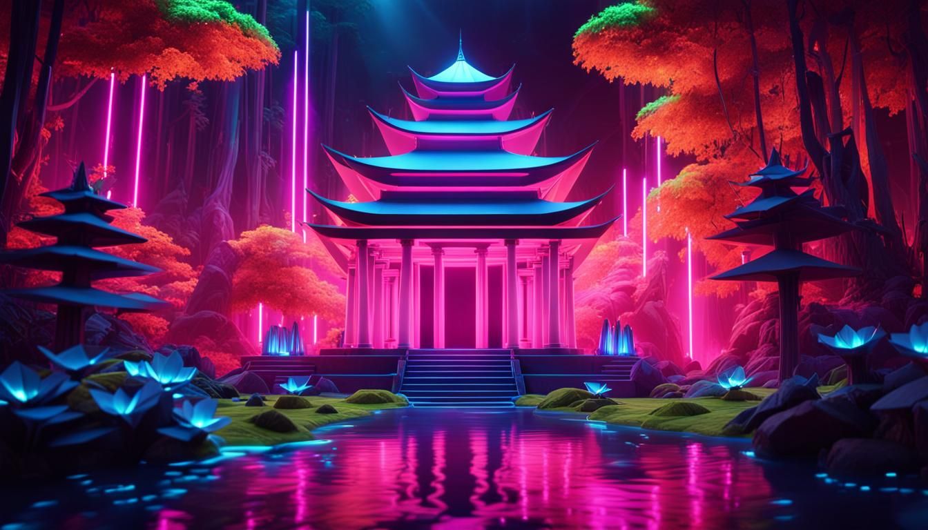 Neon Origami Temple in Magical Forest