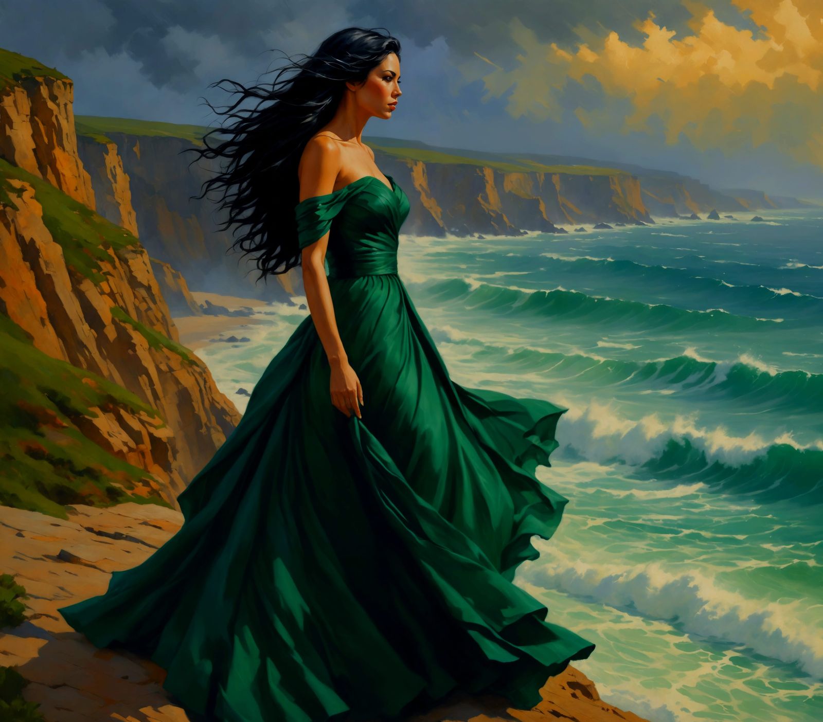 Romantic Oil Painting of Woman on Windswept Cliff