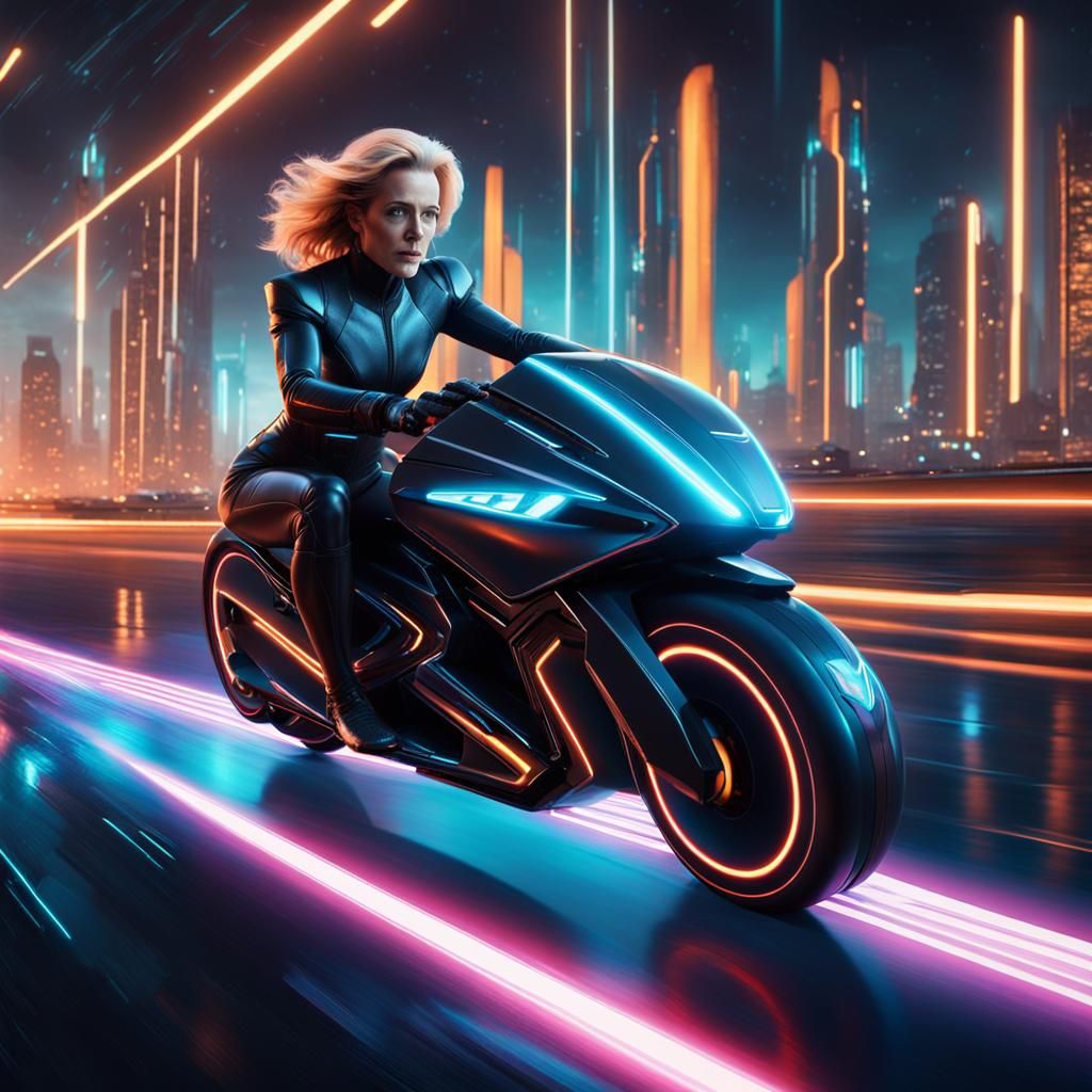 Woman on Light Cycle in Tron Style