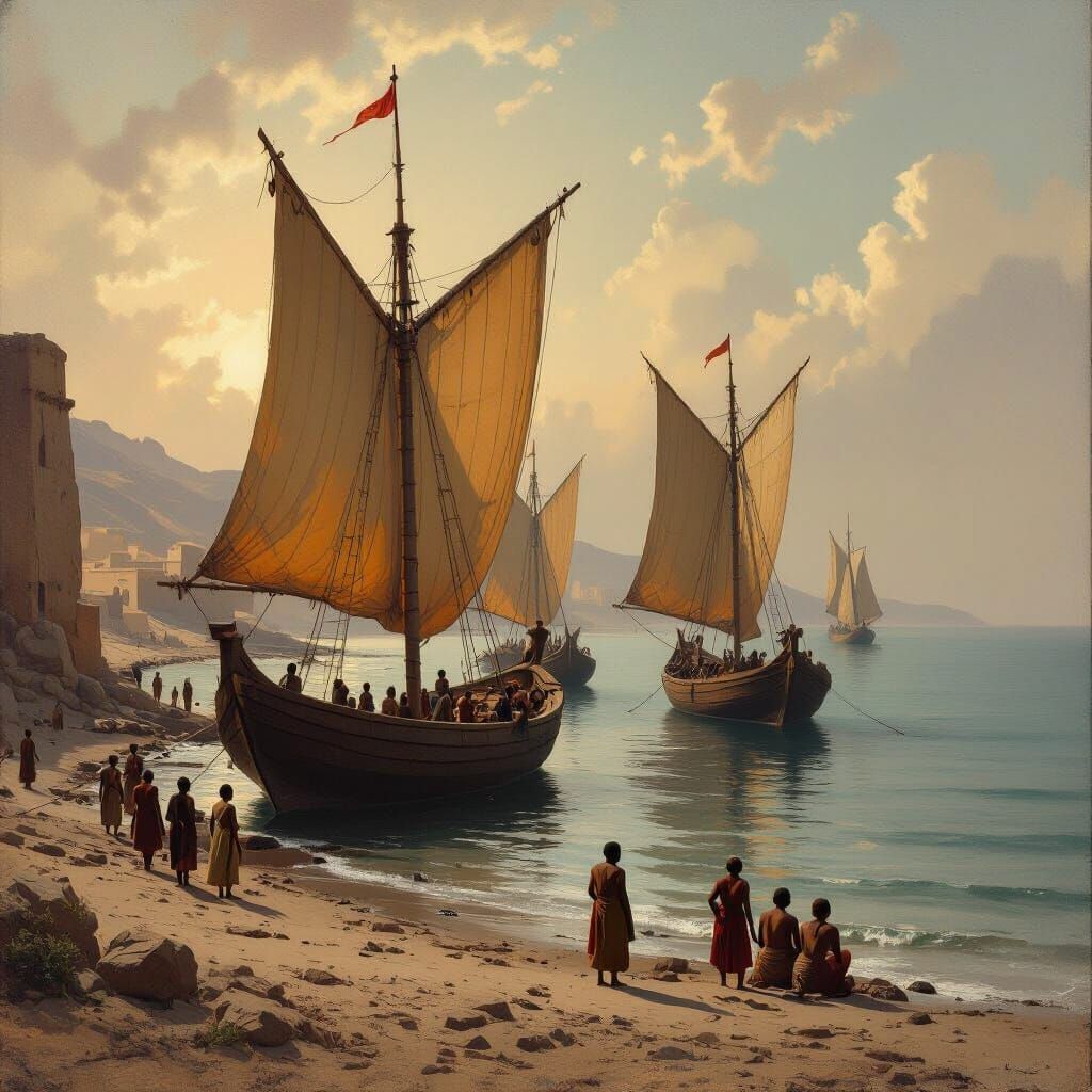 Aksumite Ships Dock in Red Sea Harbor, Muted Tones