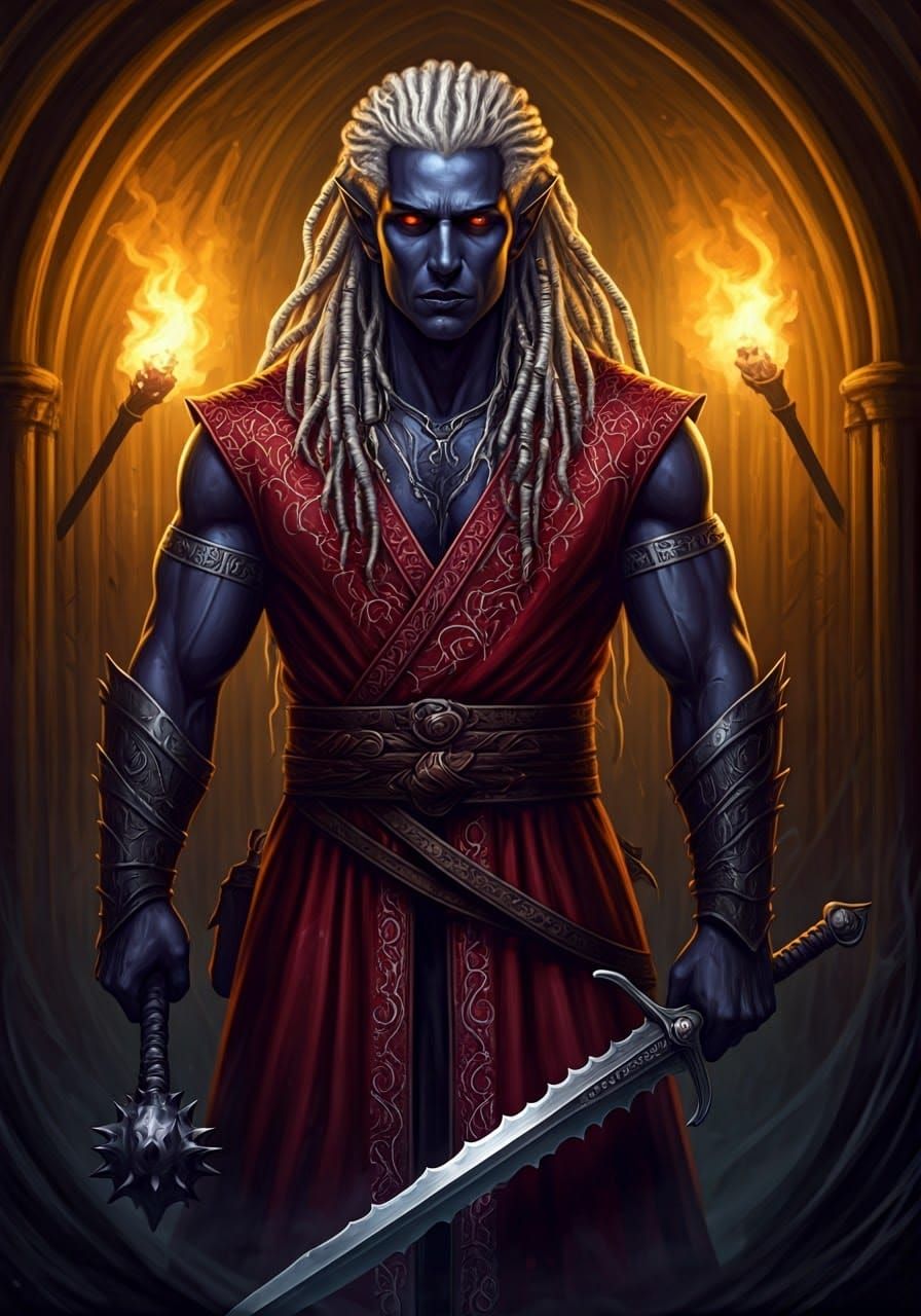Menacing Drow Cleric in Eerie Torchlight