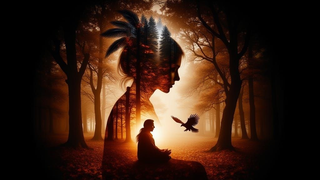 Native Spirit Double Exposure with Autumn Forest