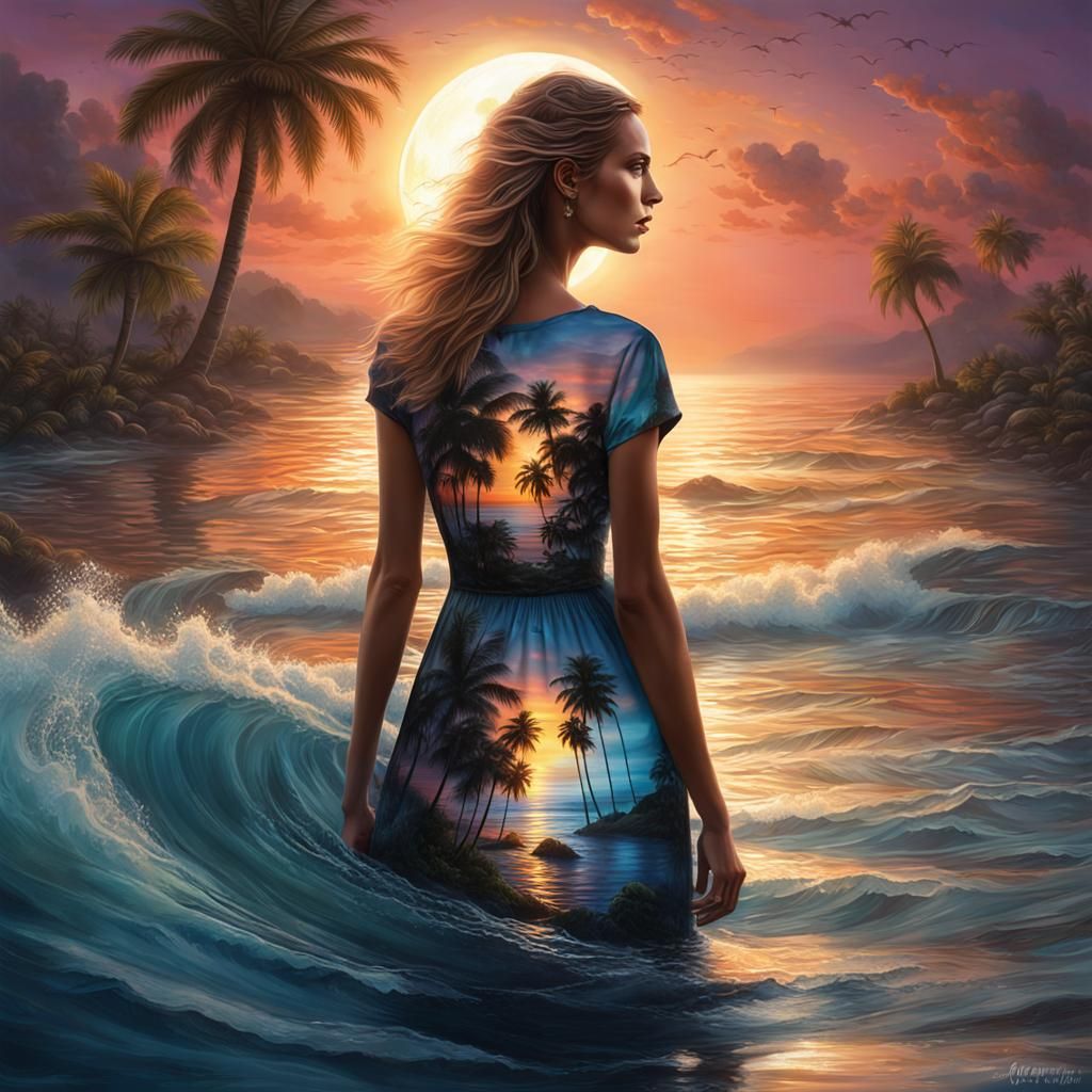 Whimsical Woman at Sunset in Hyperrealistic Style