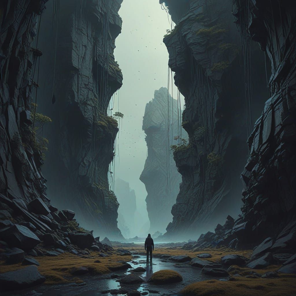 Lone Figure in a Deserted, Fog-Shrouded World of Jagged Rock...